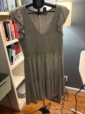 LOFT Olive Green Dot Smocked V-Neck Midi Dress